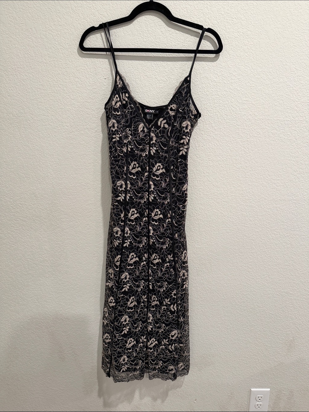 DKNY Black Dress with Cream Floral Lace Overlay